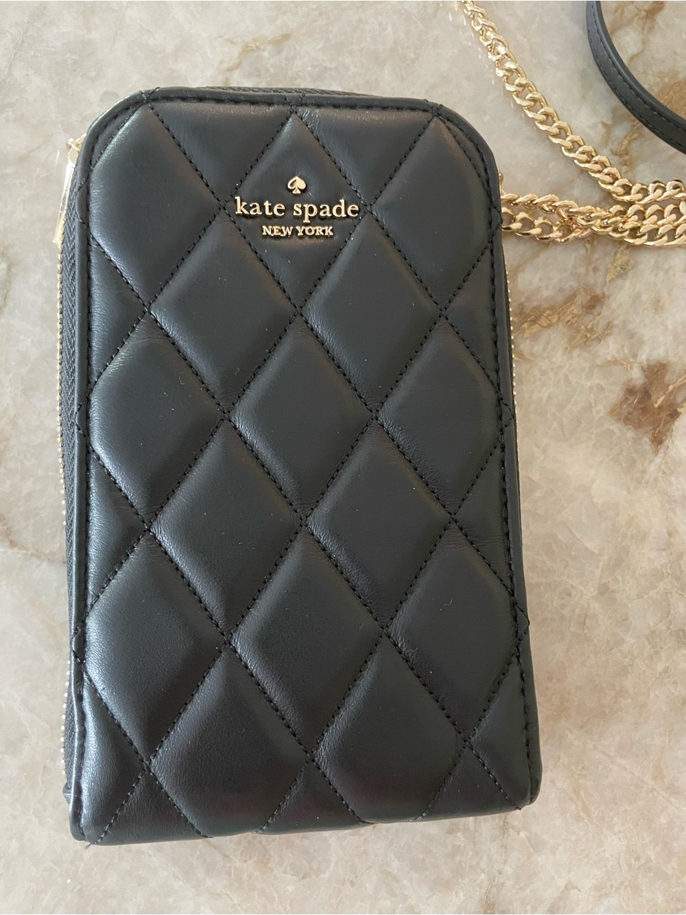 kate spade Black Carey Quilted Leather Crossbody Phone Pouch with Gold Chain